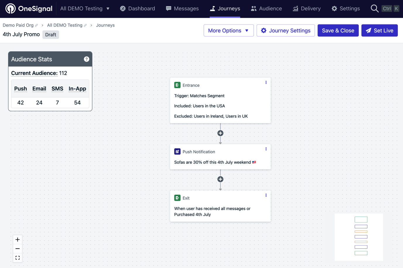 Automating OneSignal's customer engagement with a React Flow workflow builder screenshot