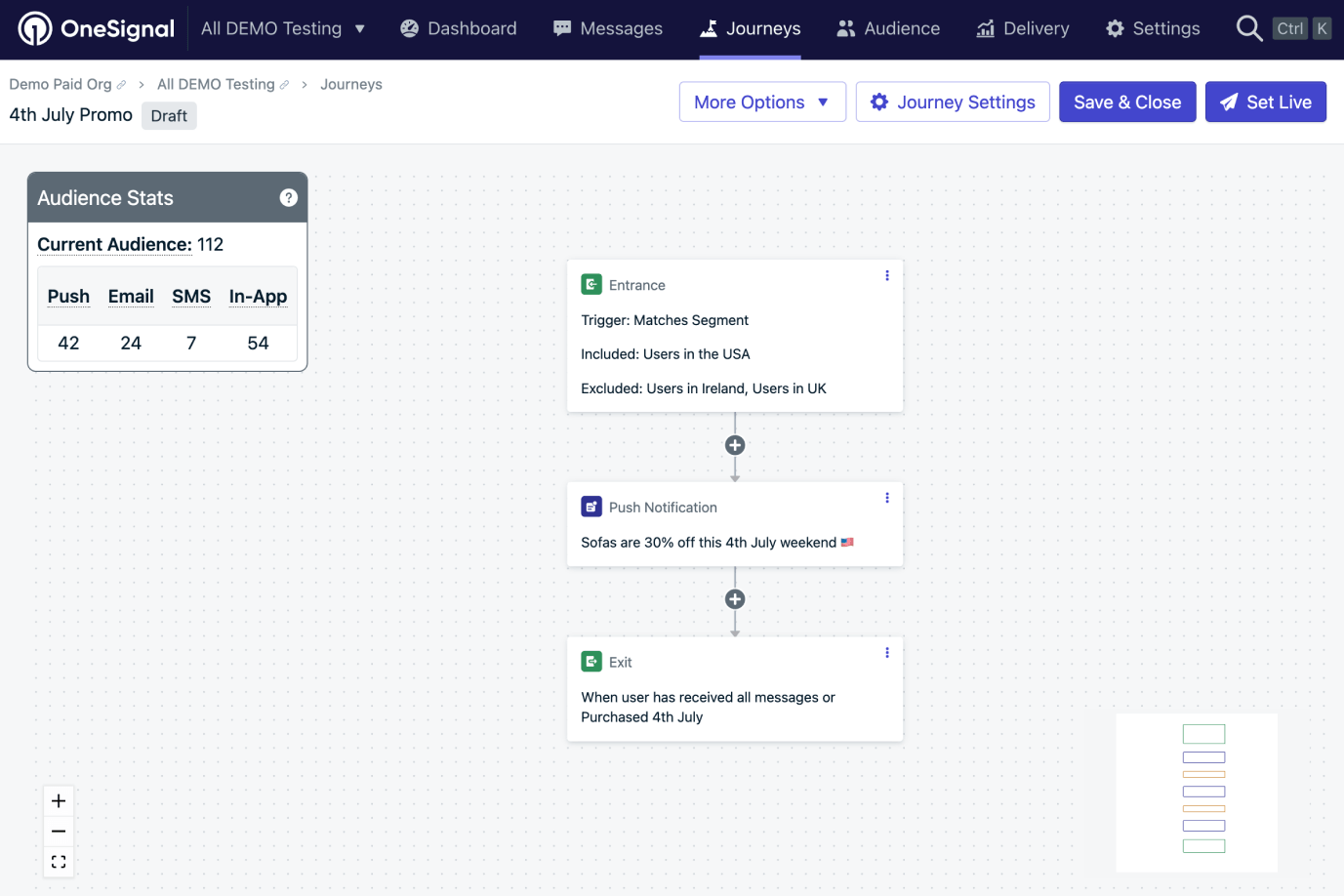 Automating OneSignal's customer engagement with a React Flow workflow builder screenshot